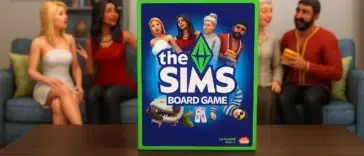 La boîte du jeu "The Sims – jeux de société" en premier plan sur une table, avec des personnages Sims jouant en arrière-plan dans un salon coloré et convivial.
