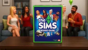 La boîte du jeu "The Sims – jeux de société" en premier plan sur une table, avec des personnages Sims jouant en arrière-plan dans un salon coloré et convivial.