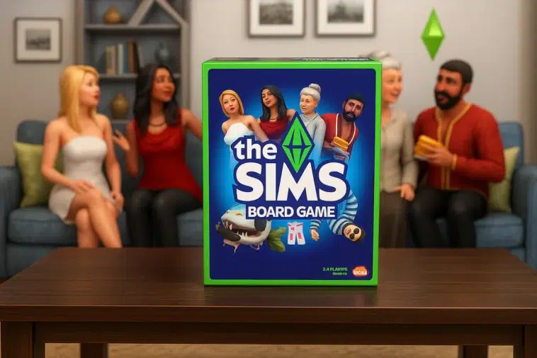 La boîte du jeu "The Sims – jeux de société" en premier plan sur une table, avec des personnages Sims jouant en arrière-plan dans un salon coloré et convivial.