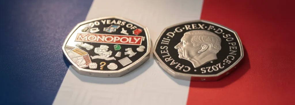 pièce 50p frappée par La Royal Mint à l'occasion du 90th anniversaire de Monopoly