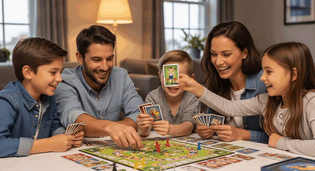 une famille de 4 personne jouant à un jeu de sociéte