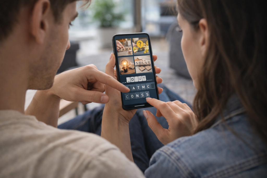 Deux jeunes analysent une énigme 4 Images 1 Mot sur smartphone et partagent des conseils pour progresser plus rapidement