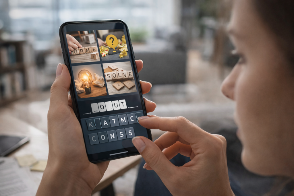 Joueur cherchant la solution d’un puzzle 4 images 1 mot de 8 lettres sur smartphone